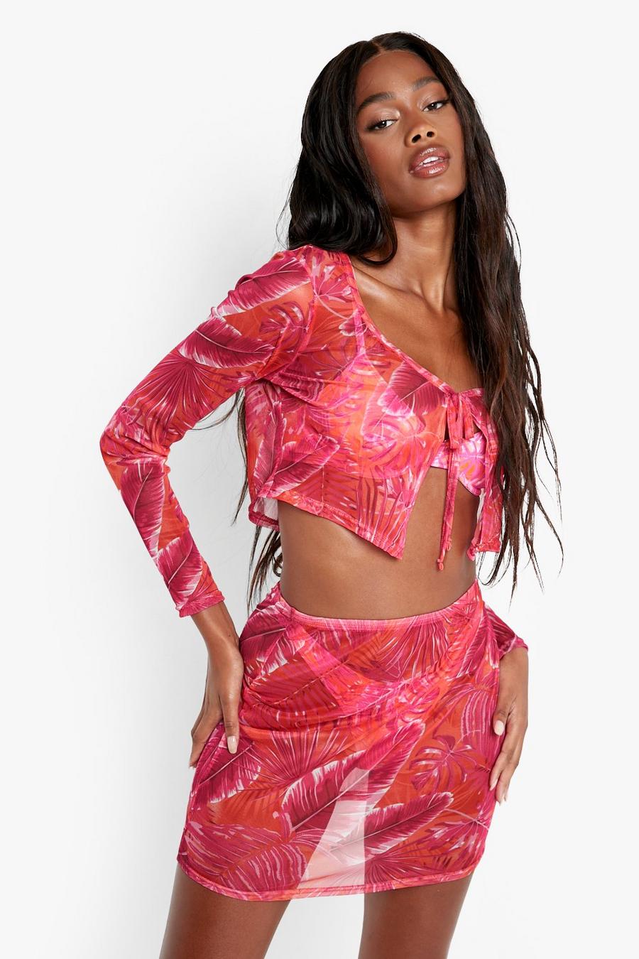 Pink Tropicana Mesh Tie Top & Skirt Beach Co-ord image number 1