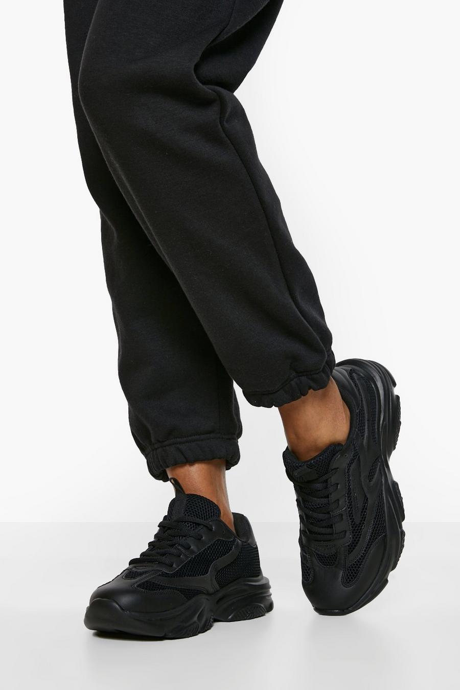 Zapatillas deportivas de holgura ancha gruesas con panel de malla en contraste, Black nero
