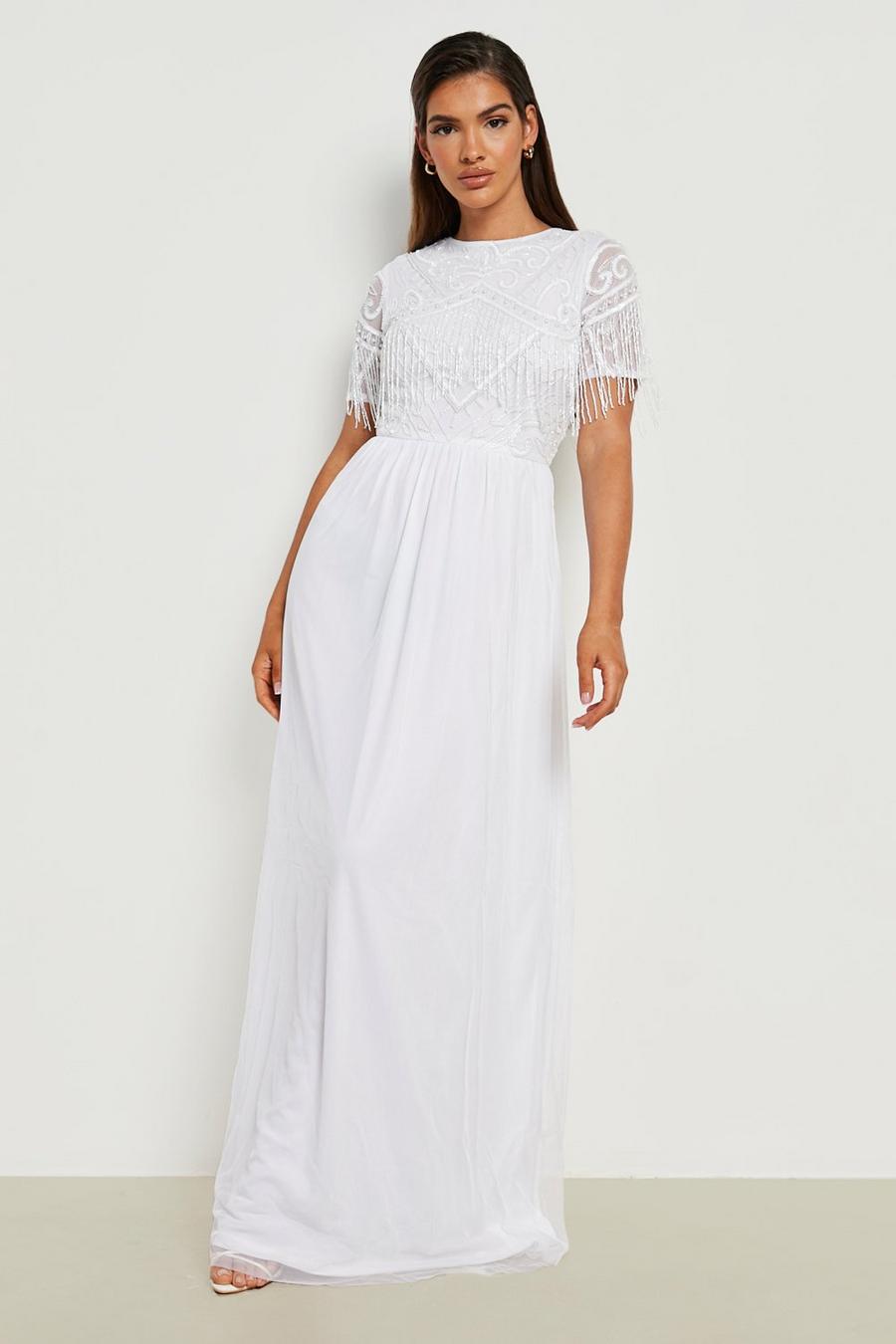 White Hand Embellished Sequin Fringe Maxi Dress