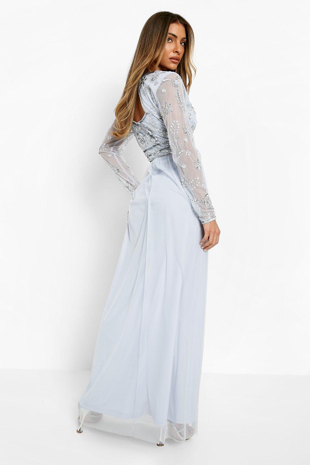 Bridesmaid Hand Embellished Long Sleeve Maxi Dress