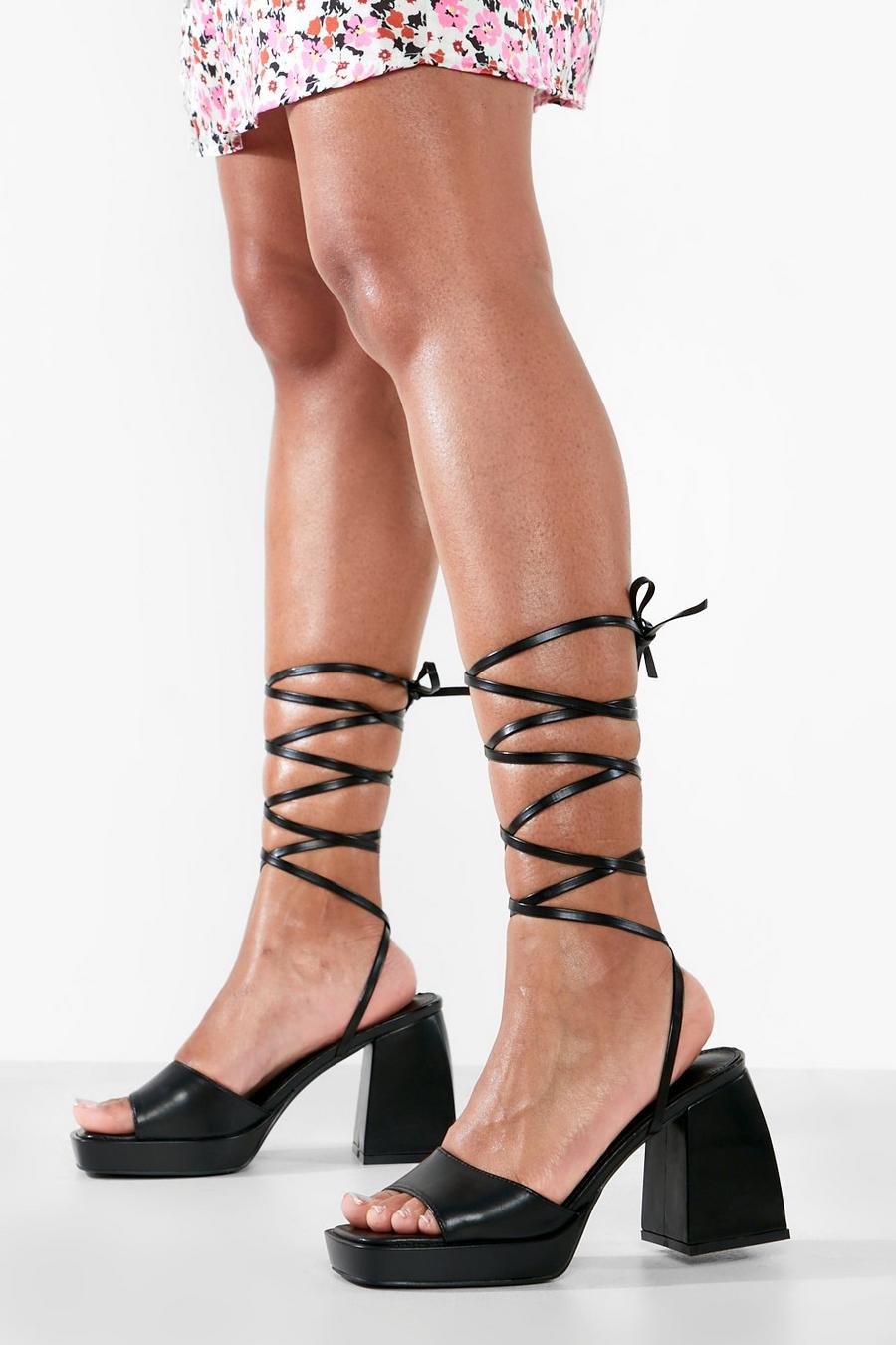 Scarpe con laccetti alla caviglia, zeppe e tacco, Black image number 1