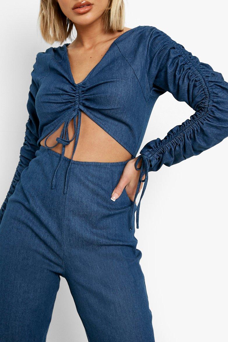 Blue Boohoo Ruched Cut Out Flared Denim Jumpsuit in Dark Wash Womens Clothing Jumpsuits and rompers Full-length jumpsuits and rompers 
