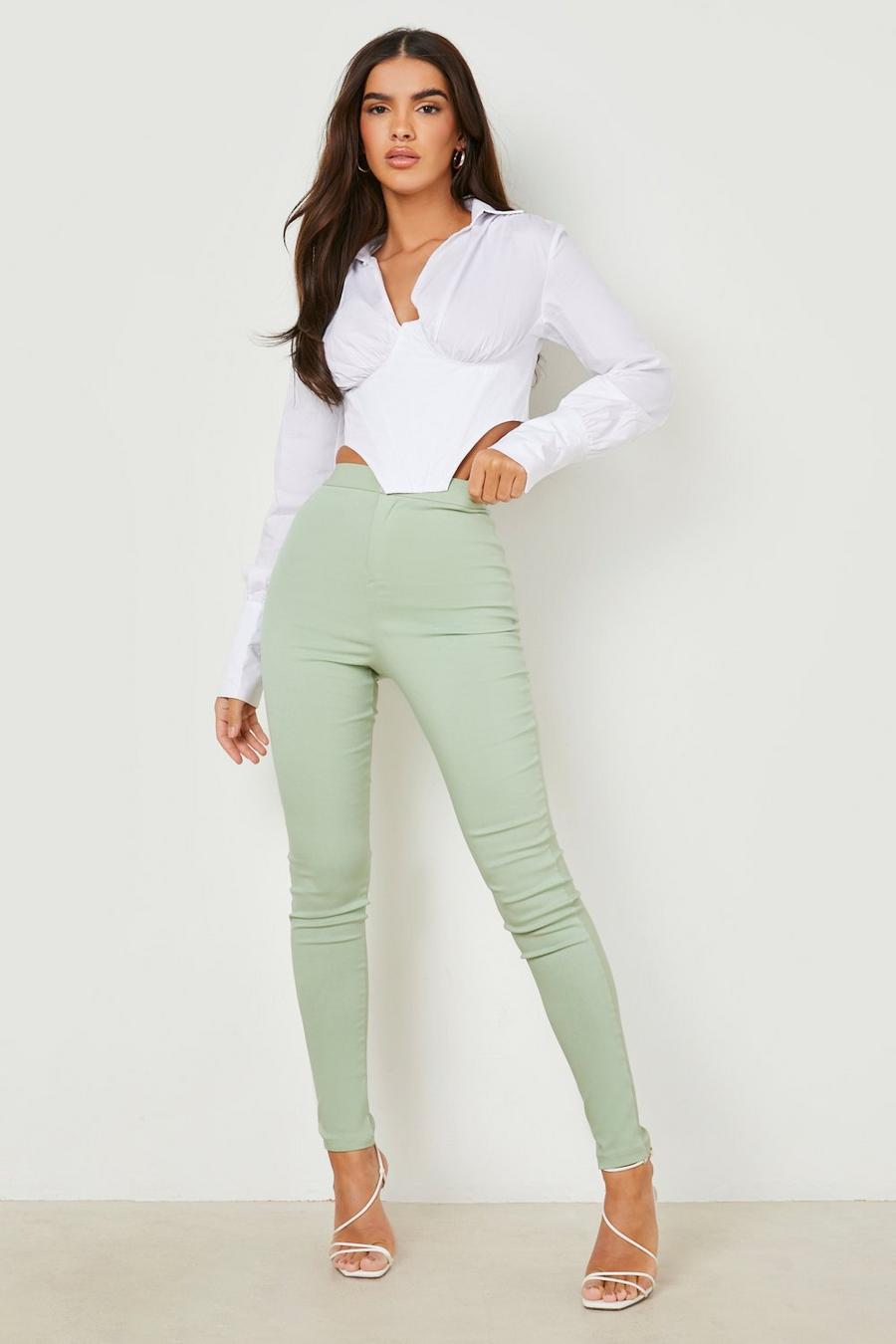 Stretch Woven High Waisted Skinny Trousers