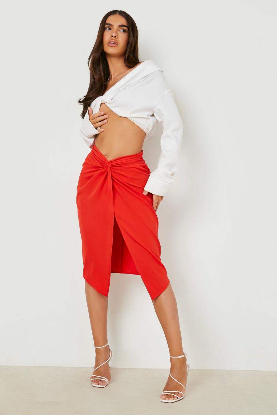 Red Knot Split Front Woven Midi Skirt