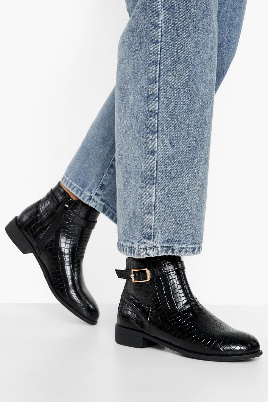 Black svart Croc Low Heel Chelsea Boot
