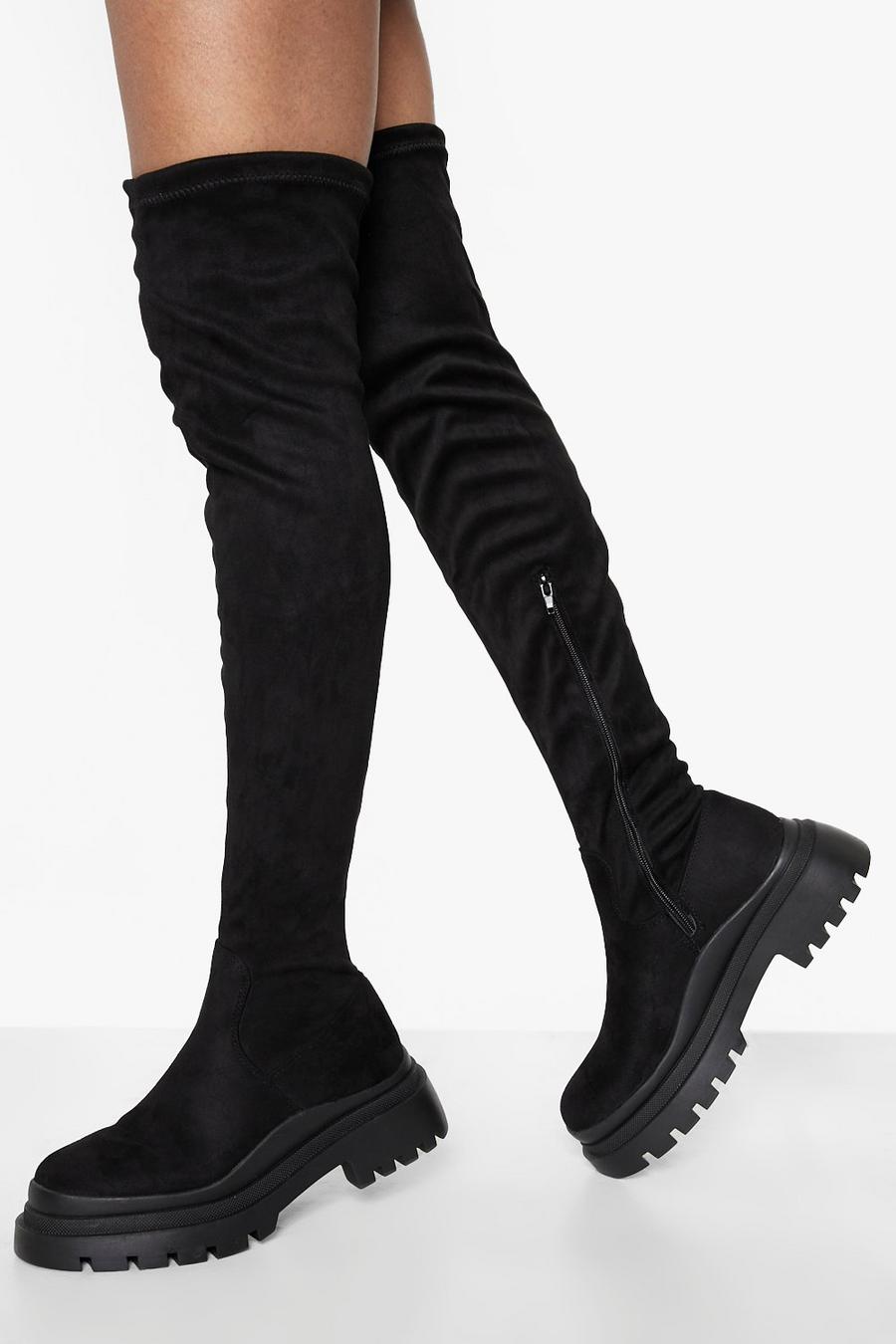 Black svart Wave Sole Over The Knee Boots