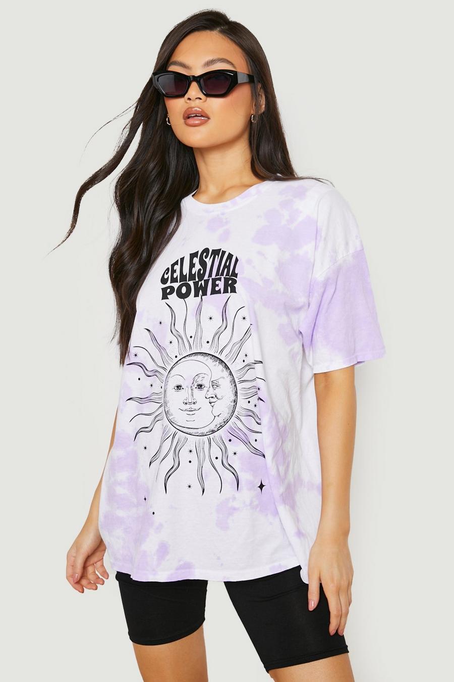 T-shirt oversize in fantasia tie dye con stampa di cielo stellato, Purple image number 1
