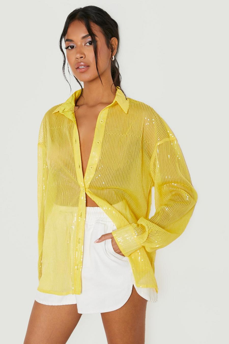 Chemise oversize transparente à sequins, Yellow jaune image number 1