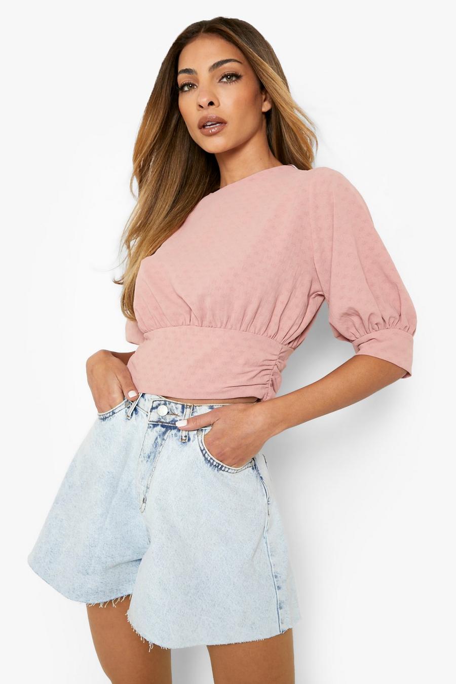 Dusty pink Dobby Puff Sleeve Back Detail Crop Top image number 1