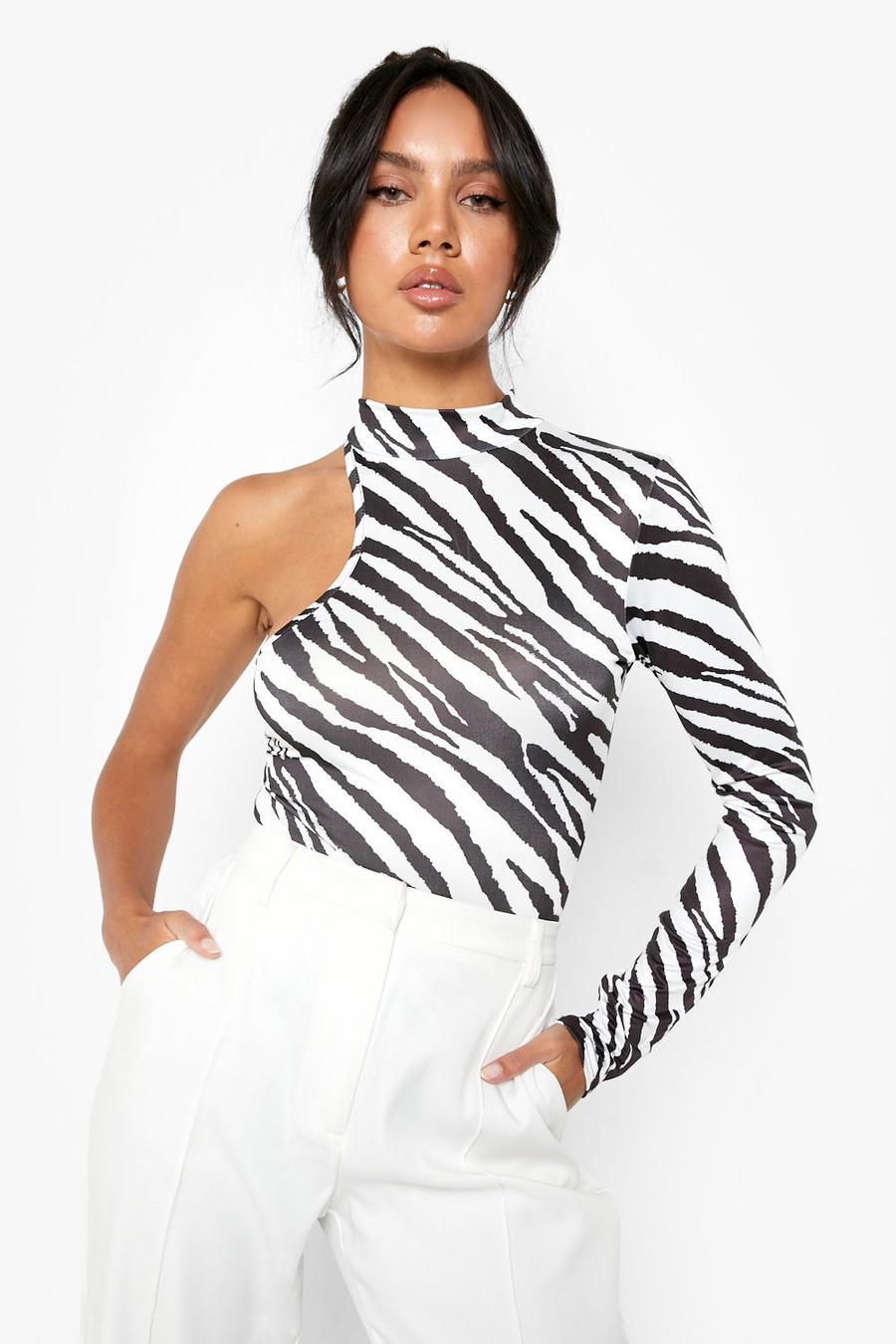 Black Asymmetric Zebra High Neck Slinky Bodysuit image number 1