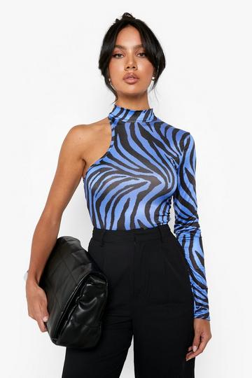 Asymmetric Zebra High Neck Slinky Bodysuit blue