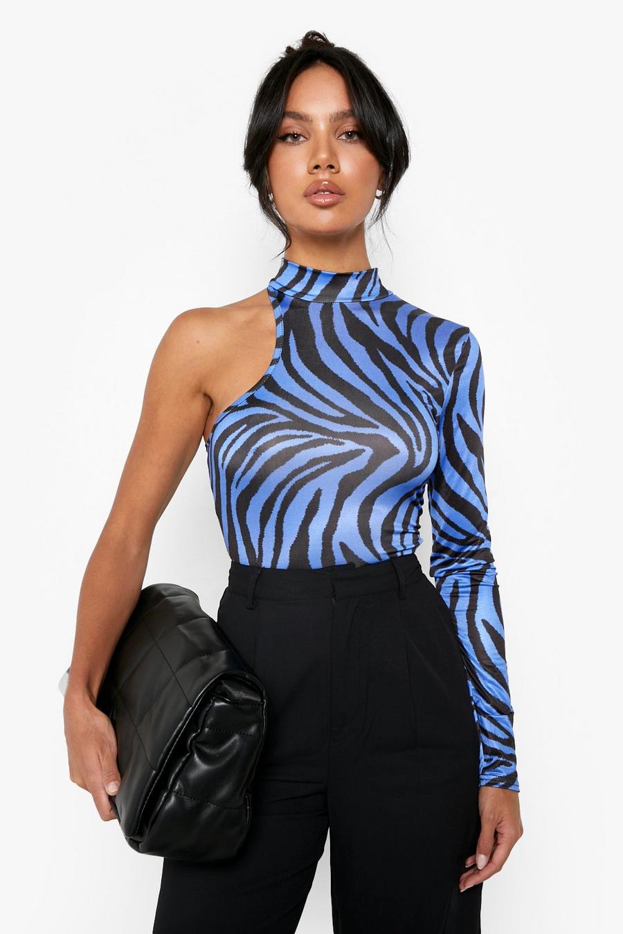 Blue bleu Strakke Asymmetrische Zebraprint Bodysuit Met Hoge Hals