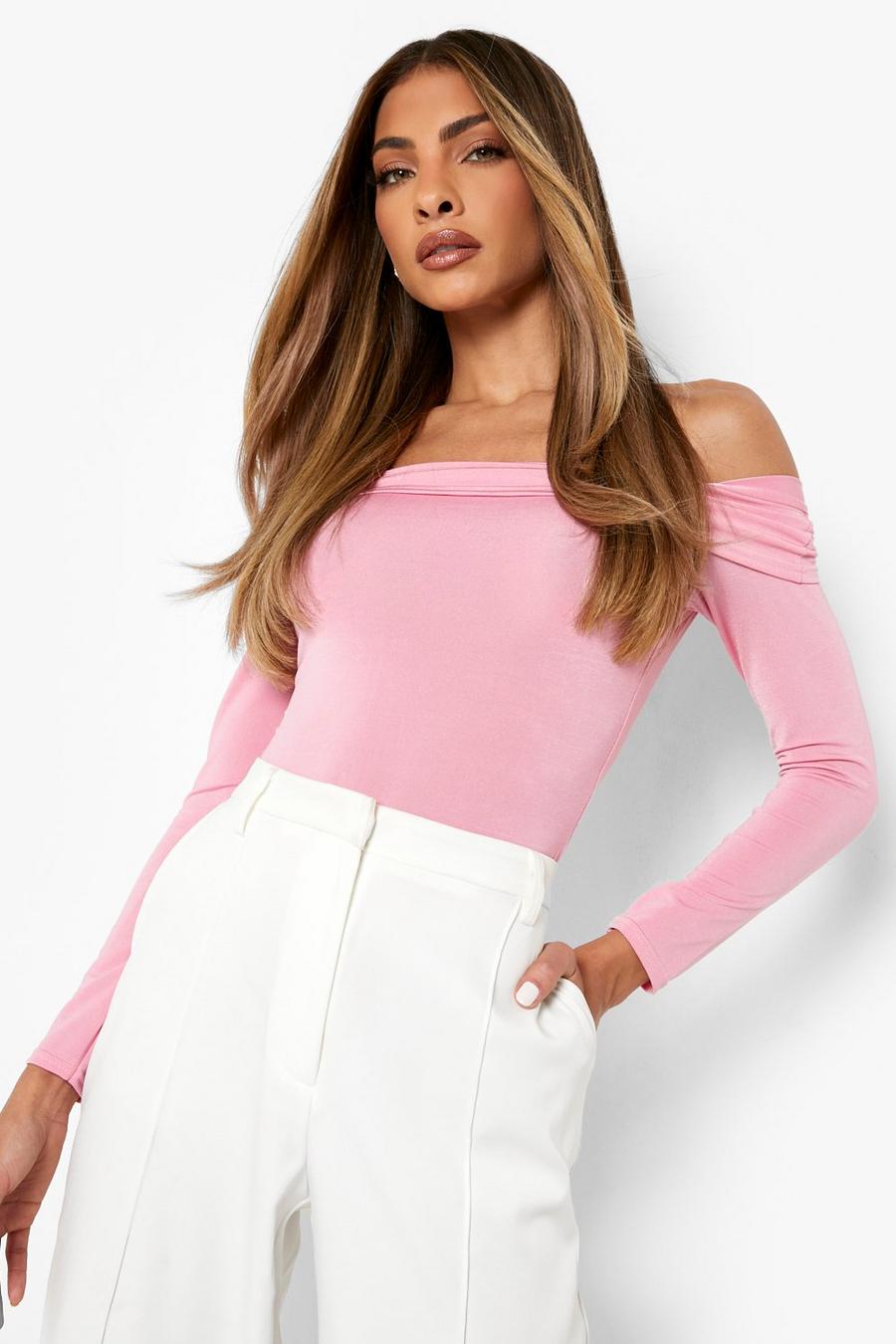 New Look ribbed off the shoulder bardot long sleeved top in bright pink