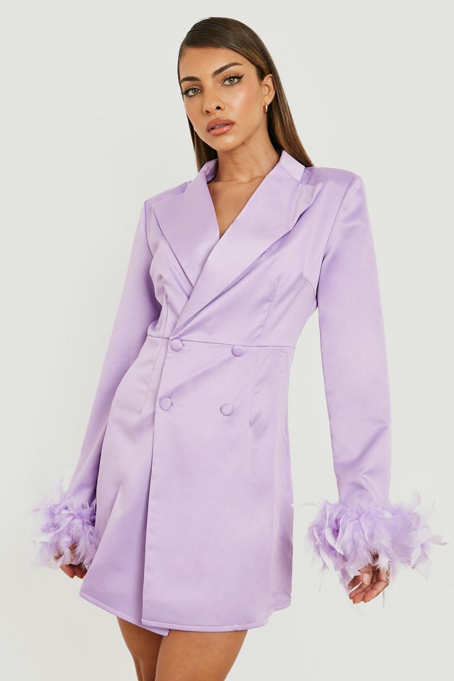 Lilac Feather Cuff Satin Blazer Dress