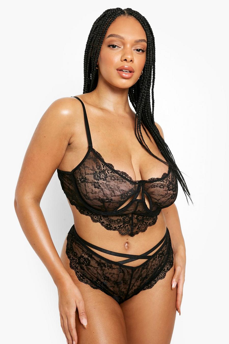 Black Plus Lace Underwired Lingerie Set image number 1