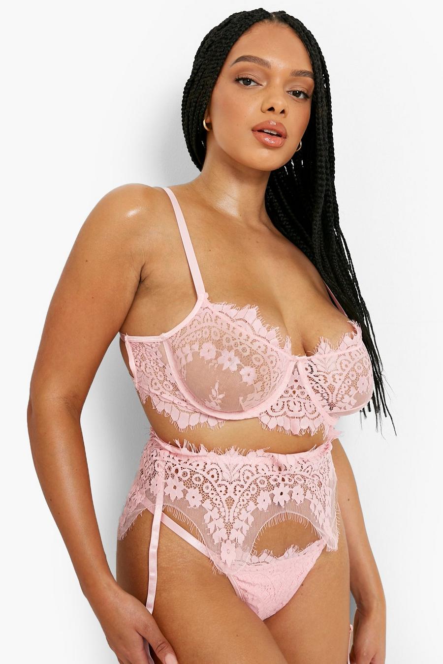 Set intimo Plus Size in pizzo, Rose rosa