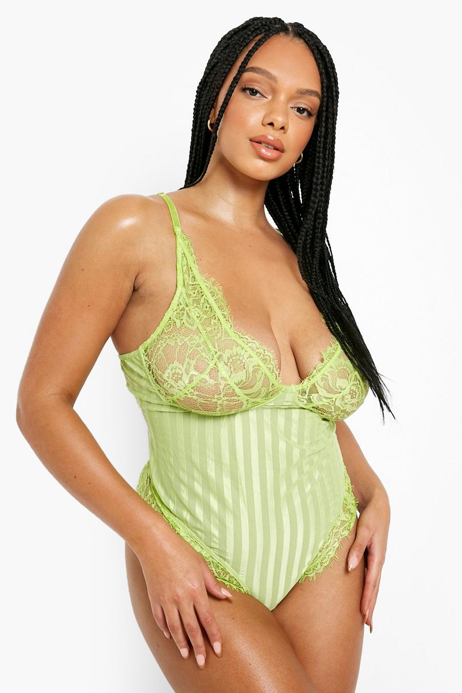 Lime grön Plus Lace Stripe Bodysuit image number 1