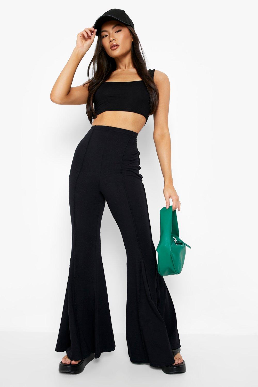 Black High Waisted Ruched Bum Jersey Flared Trousers