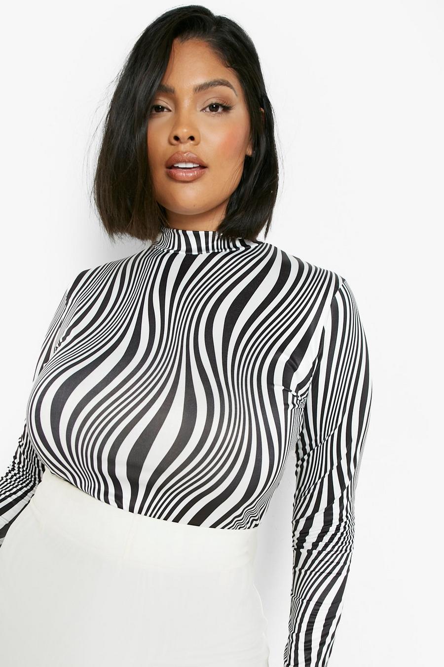 Blackwhite Plus Zebra Print High Neck Bodysuit