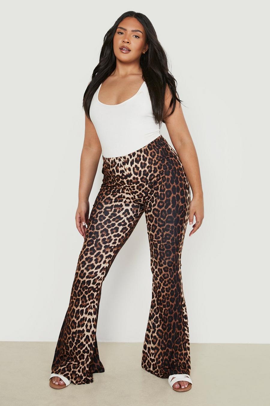 Pantaloni a zampa Plus Size in jersey con stampa leopardata, Leopard multicolor image number 1