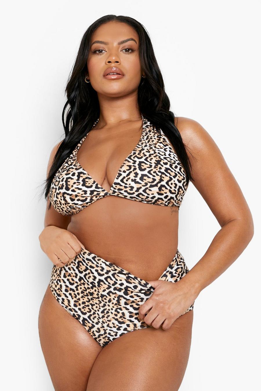 Plus Leopardenprint Essentials Bikinihose mit hohem Bund, Brown