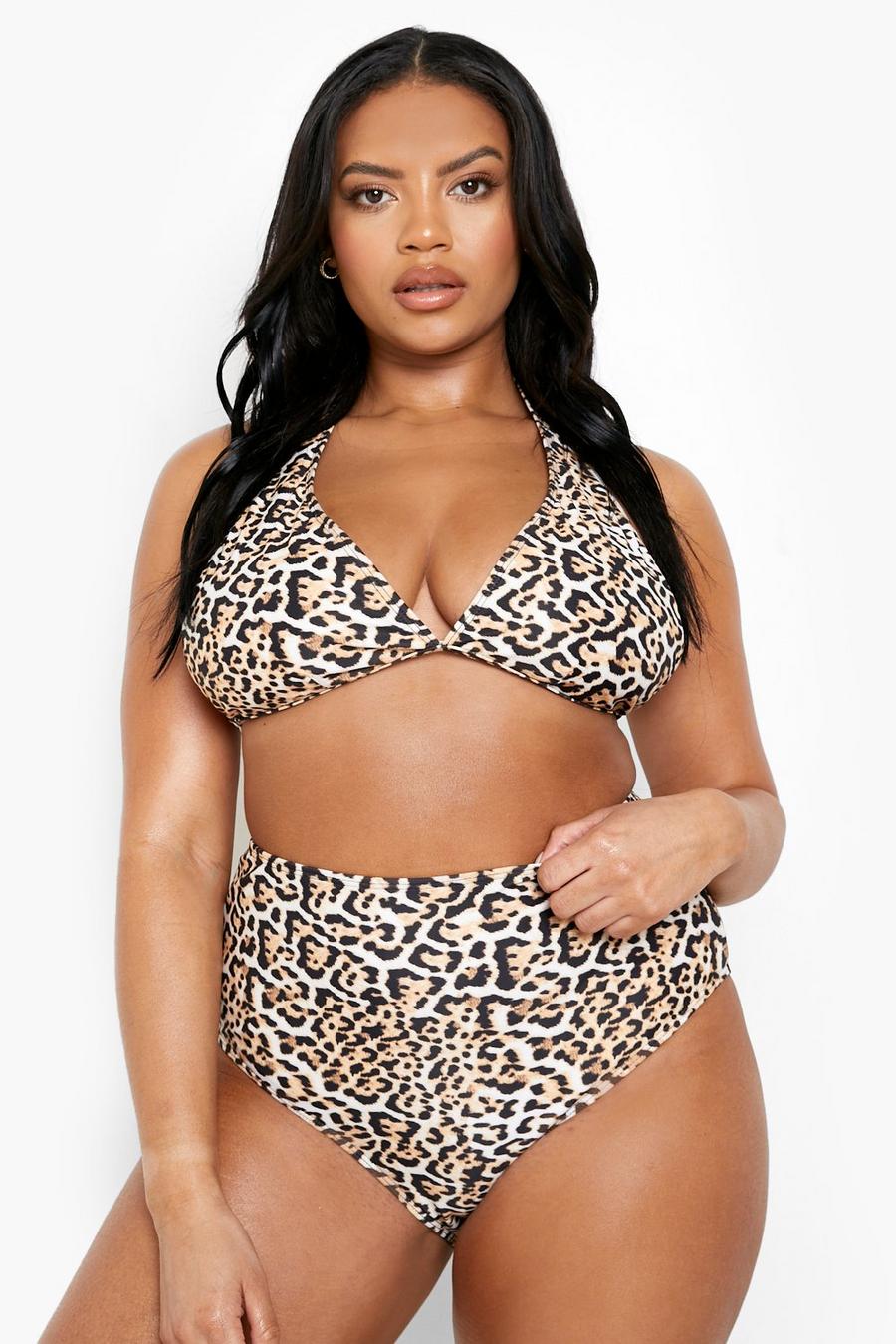 Brown Plus Essentials Leopard Triangle Bikini Top