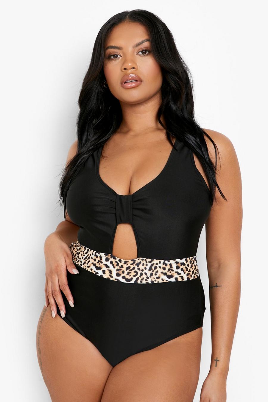 Black Plus Leopard Contrast Cut Out Swimsuit image number 1