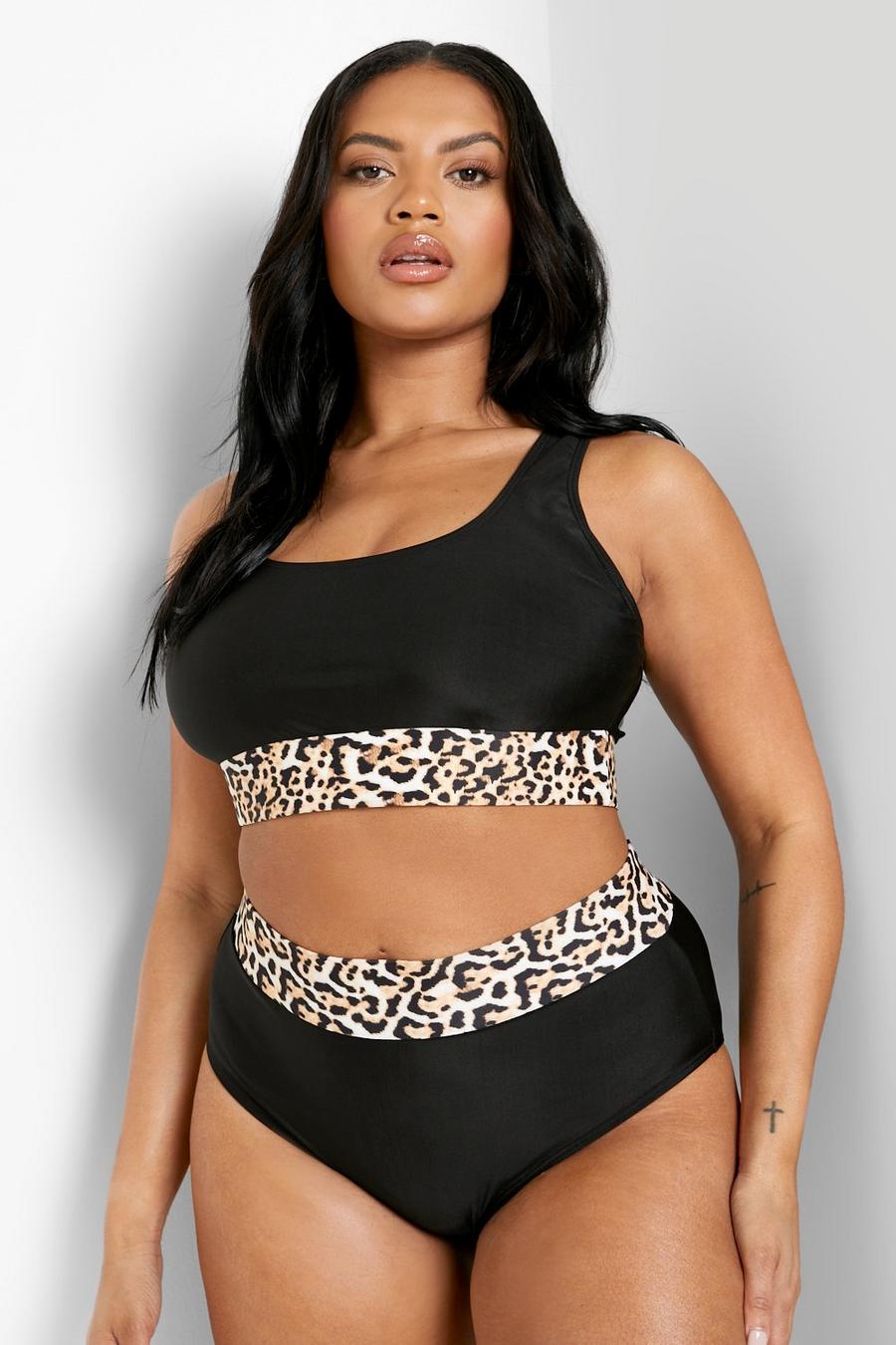 Bikini Plus Size leopardato finiture a contrasto, Black nero image number 1