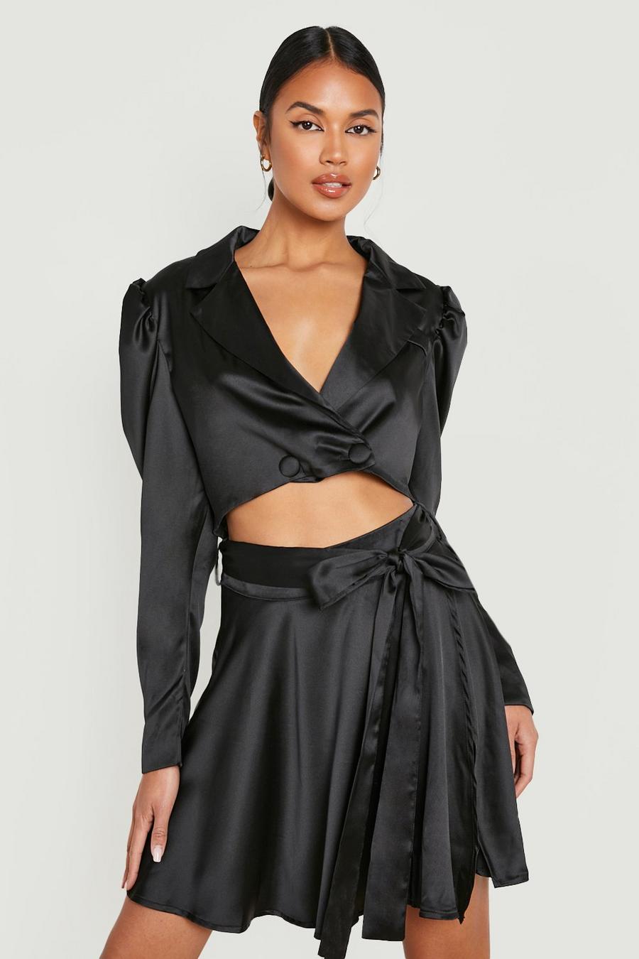 Black Occasion Satin Puff Sleeve Cropped Blazer image number 1