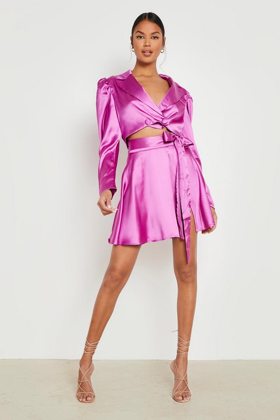 Pink Occasion Satin Puff Sleeve Cropped Blazer image number 1