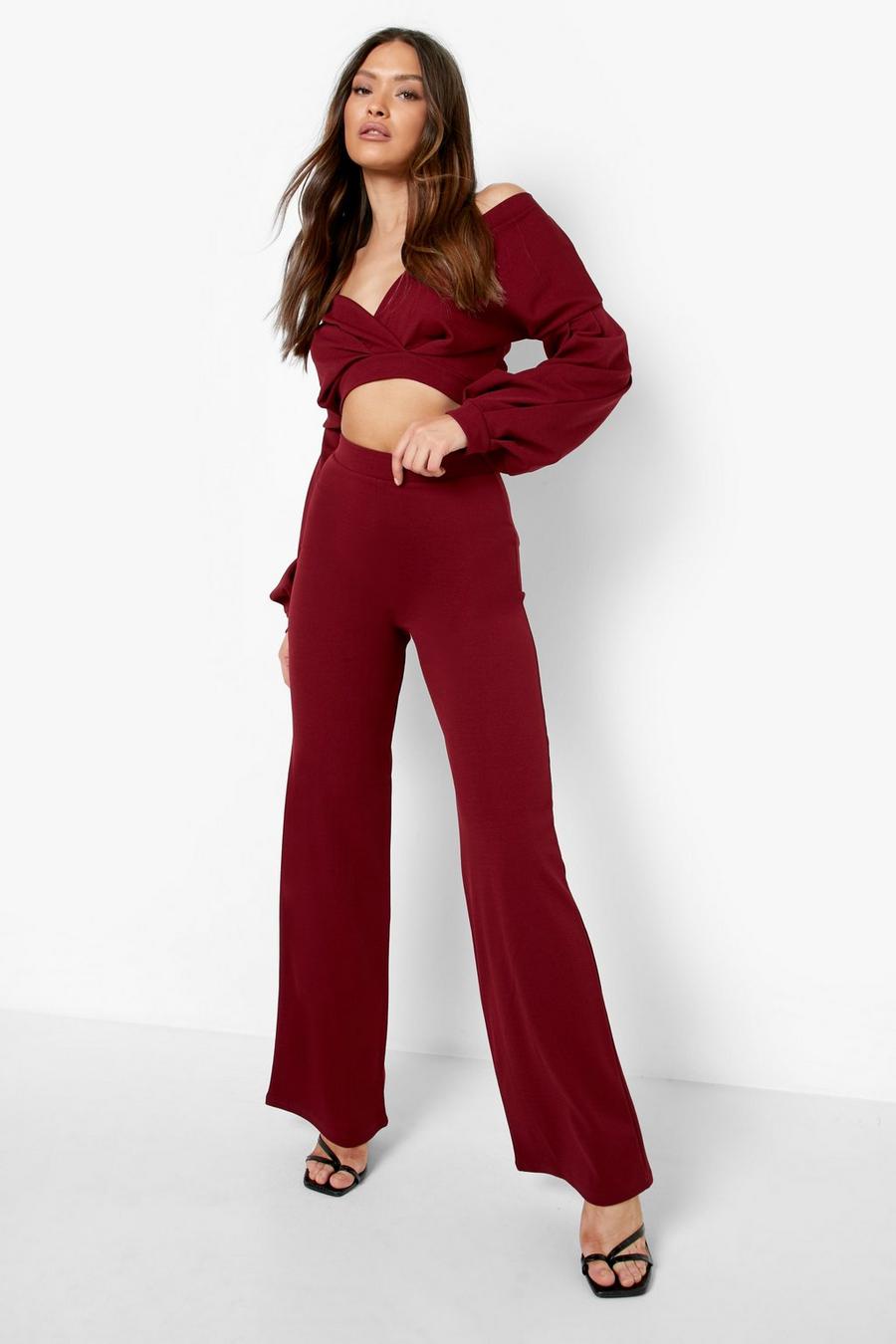 Berry Off The Shoulder Wrap Top & Wide Leg Pants image number 1