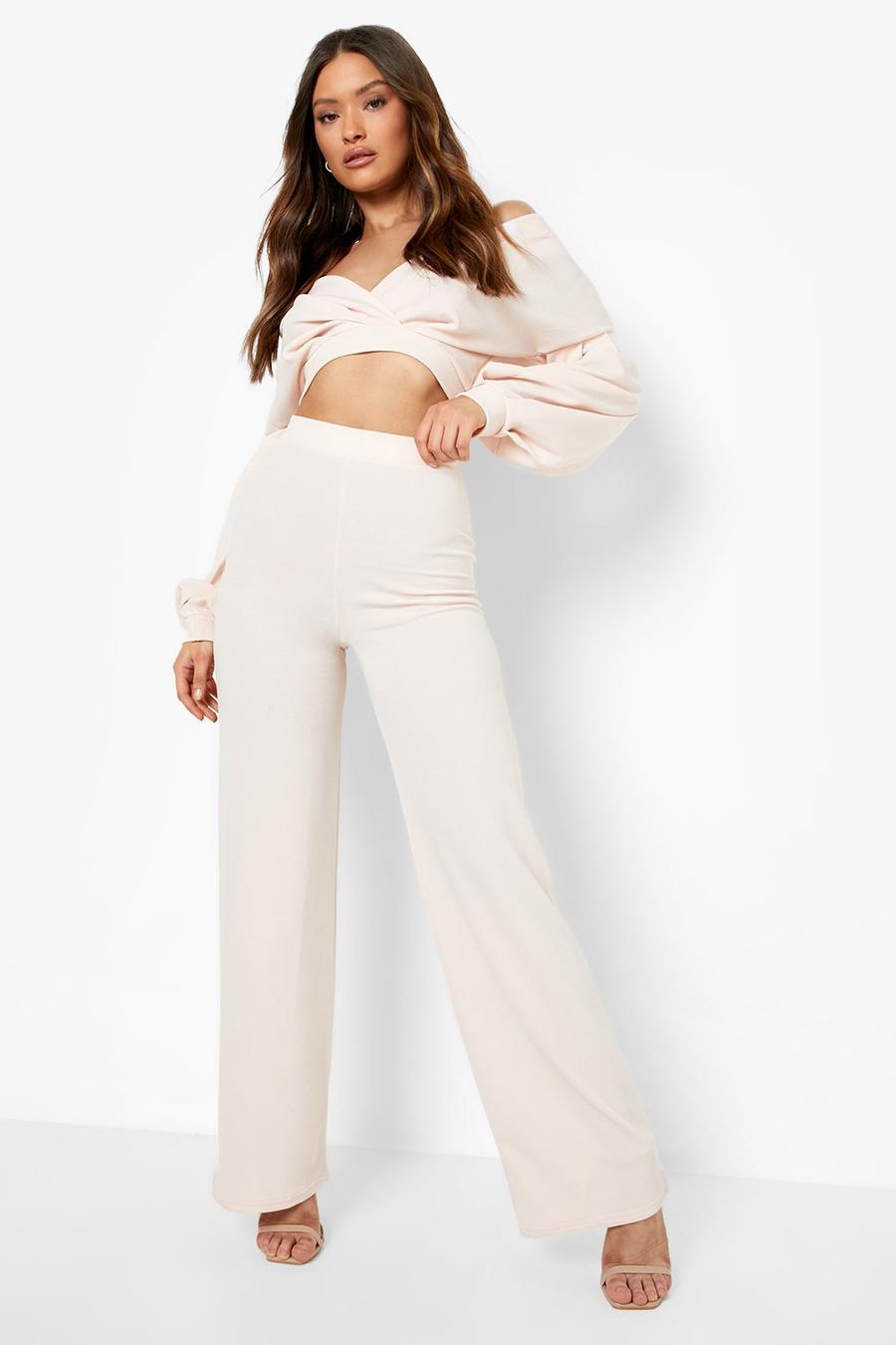 Nude Off The Shoulder Wrap Top & Wide Leg Trousers