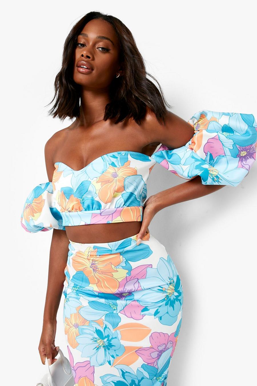 Azure Floral Puff Sleeve Off The Shoulder & Midi Skirt image number 1