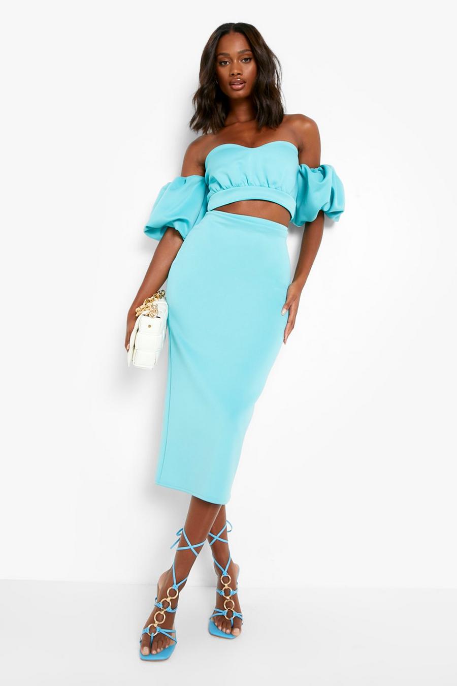 Azure Puff Sleeve Sweetheart Bardot & Midi Skirt image number 1