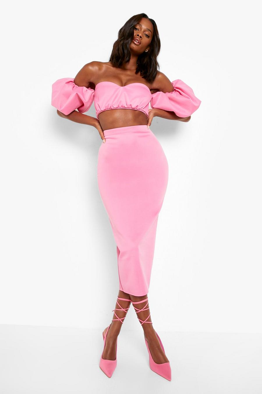 Candy pink Puff Sleeve Sweetheart Bardot & Midi Skirt image number 1