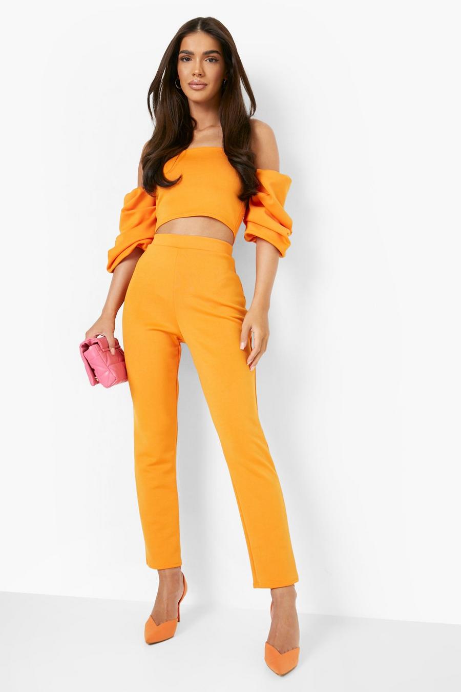 Papaya orange Bardot Volume Sleeve Top & Slim Leg Trousers