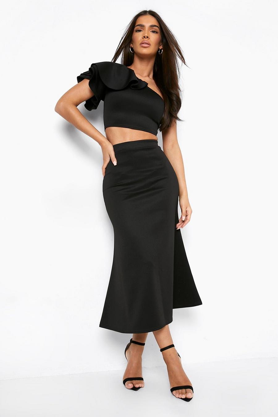 Black Ruffle One Shoulder Top & Pep Hem Midi Skirt image number 1