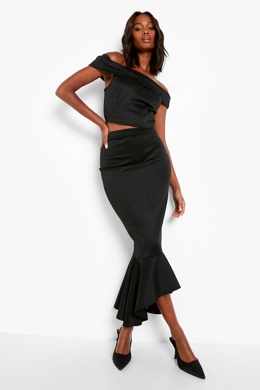 Black Off The Shoulder Top & Pep Hem Midi Skirt image number 1