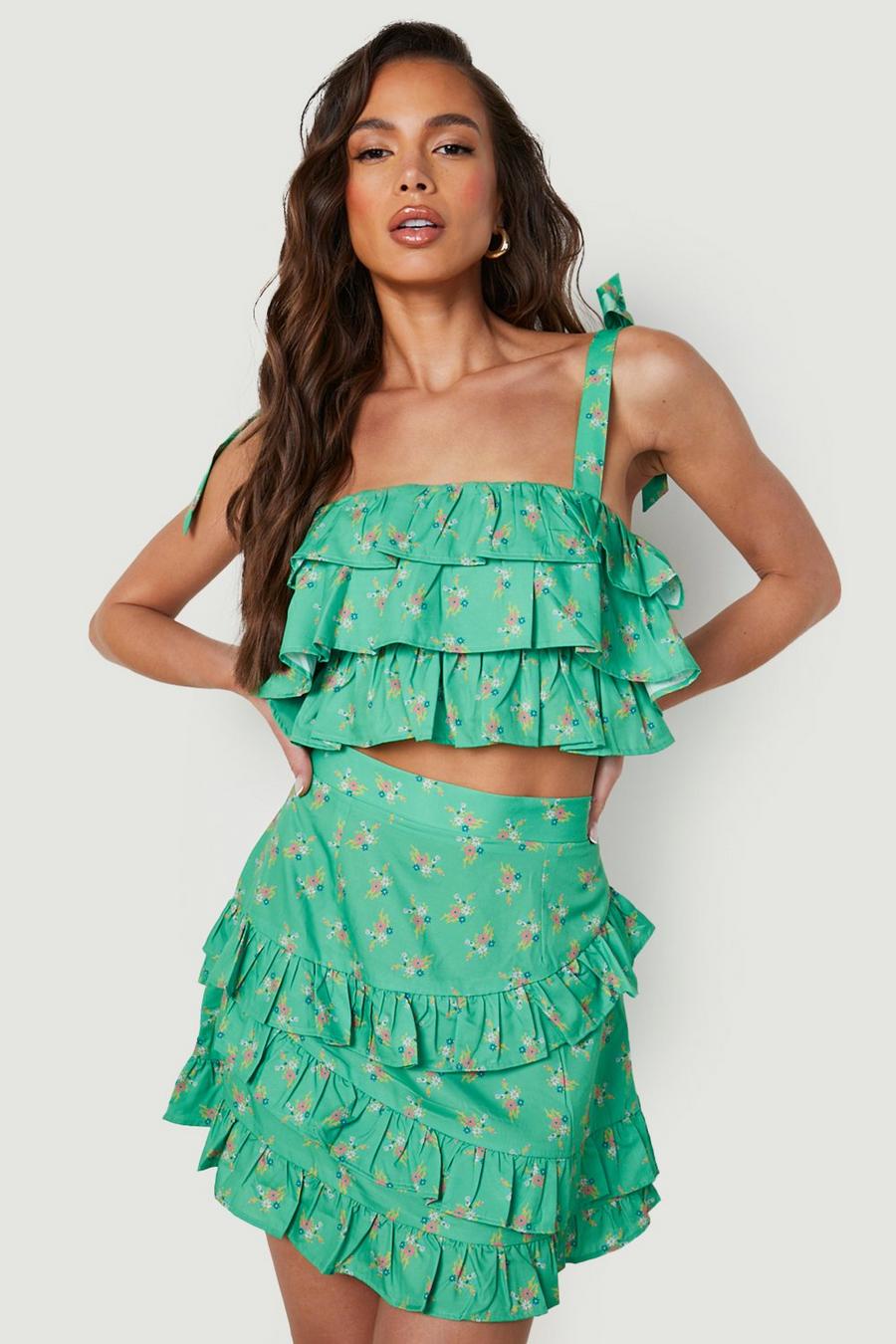 Bright green Ditsy Ruffle Crop & Mini Skirt 