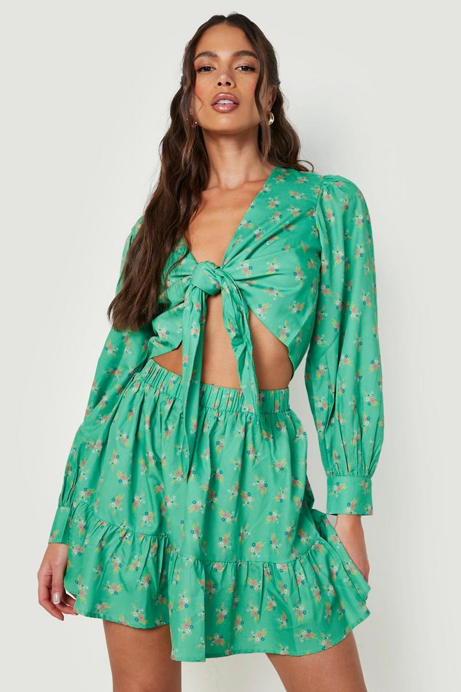 Falda y top con mangas bombachas, estampado de flores y nudo frontal, Apple green verde