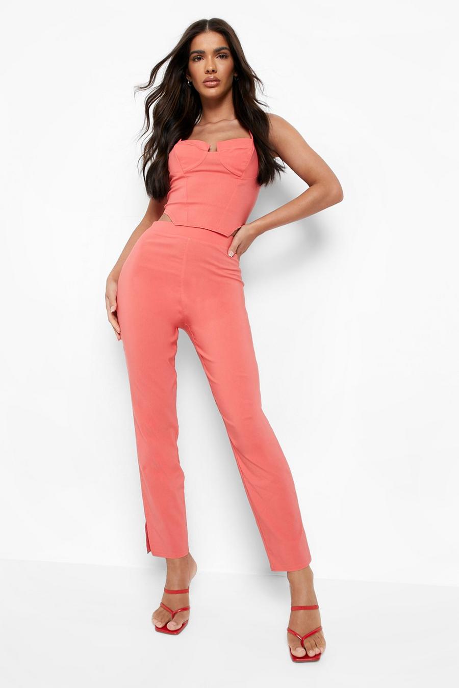 Pantalón ajustado y top de tela elástica estilo corsé, Coral rosa