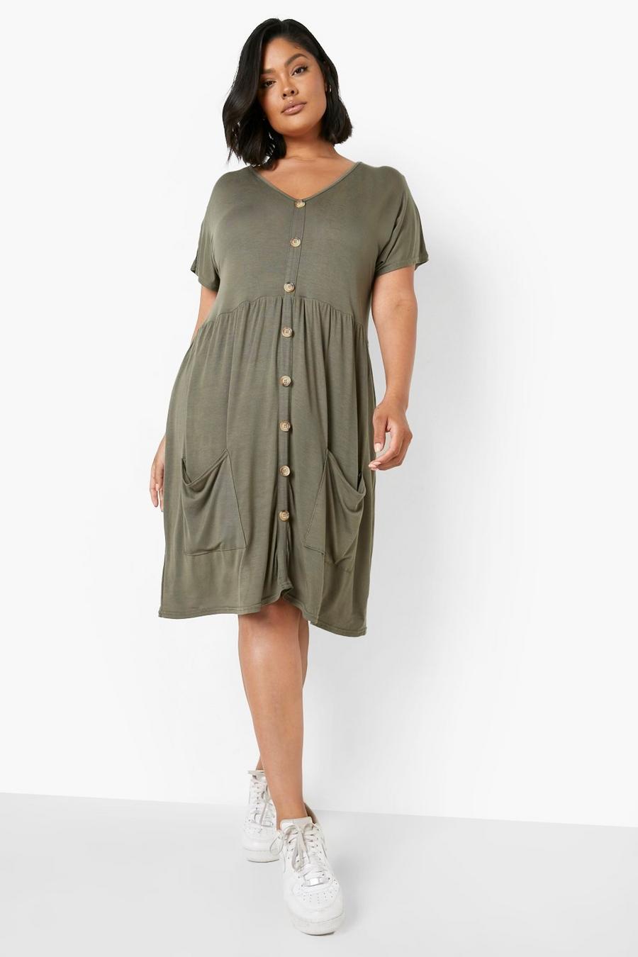 Khaki Plus Jersey Button Down Pocket Smock Dress image number 1