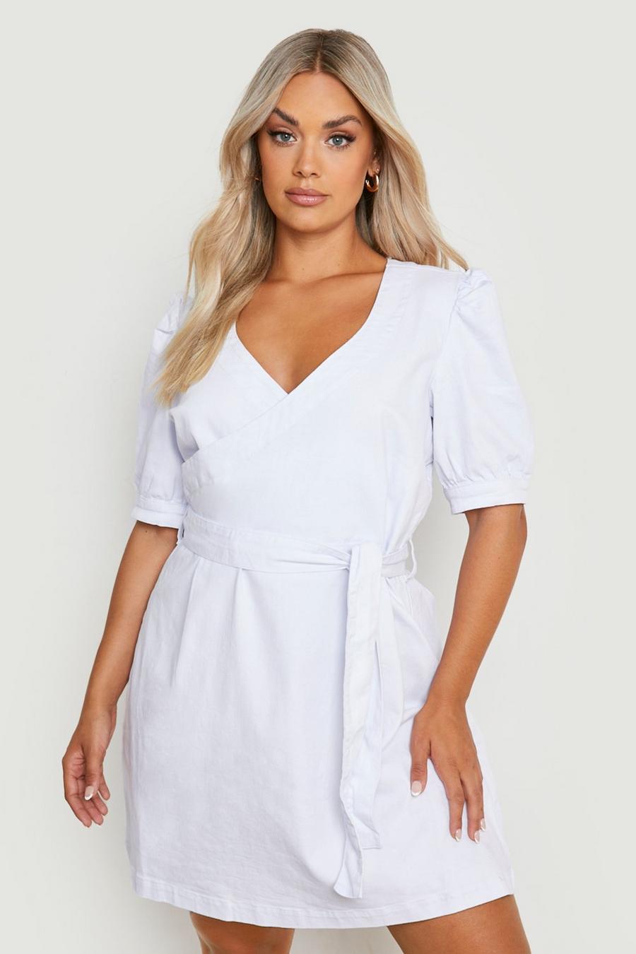 White Plus Puff Sleeve Belted Denim Dress image number 1