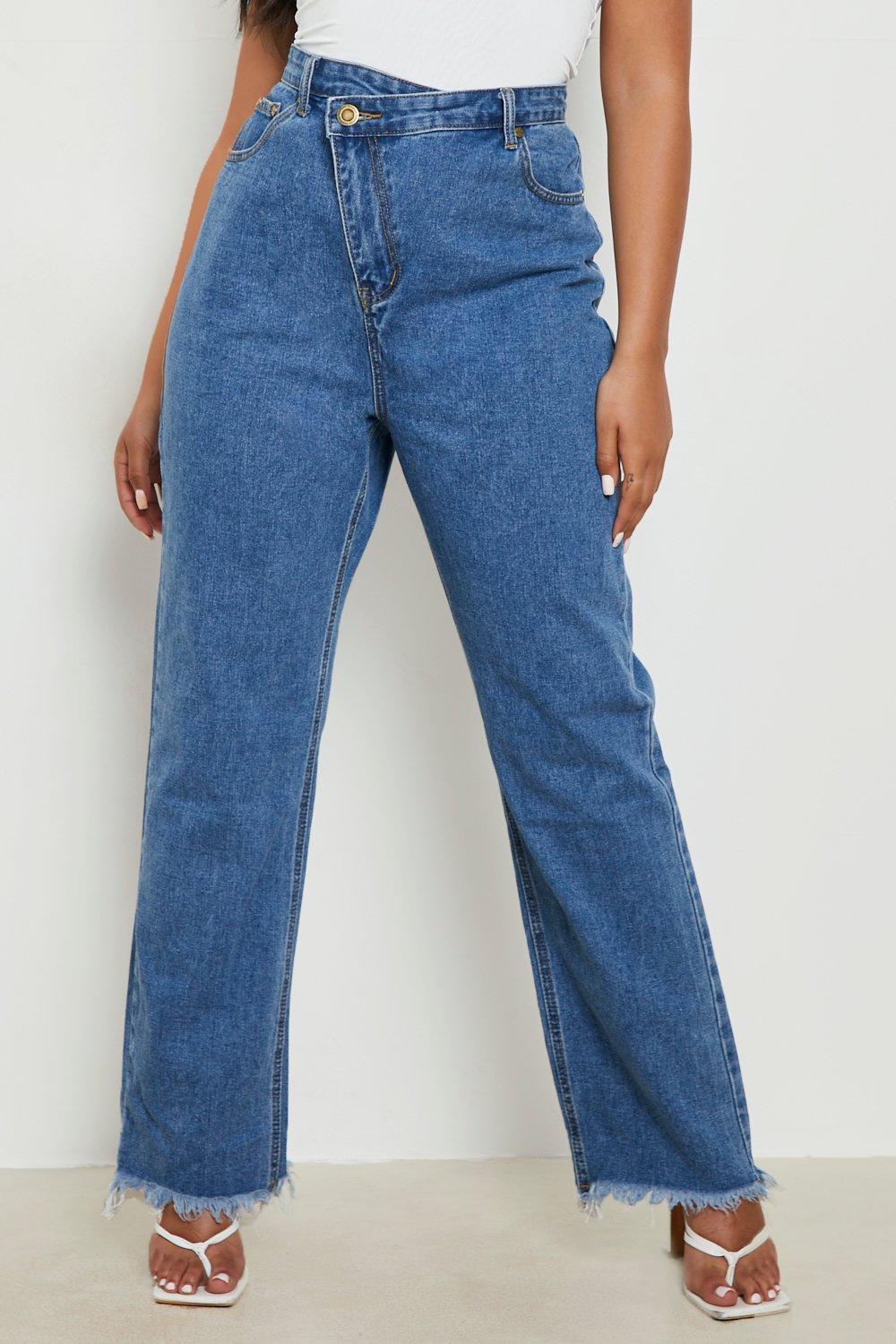 Plus Asymmetric Waistband Straight Leg Jeans