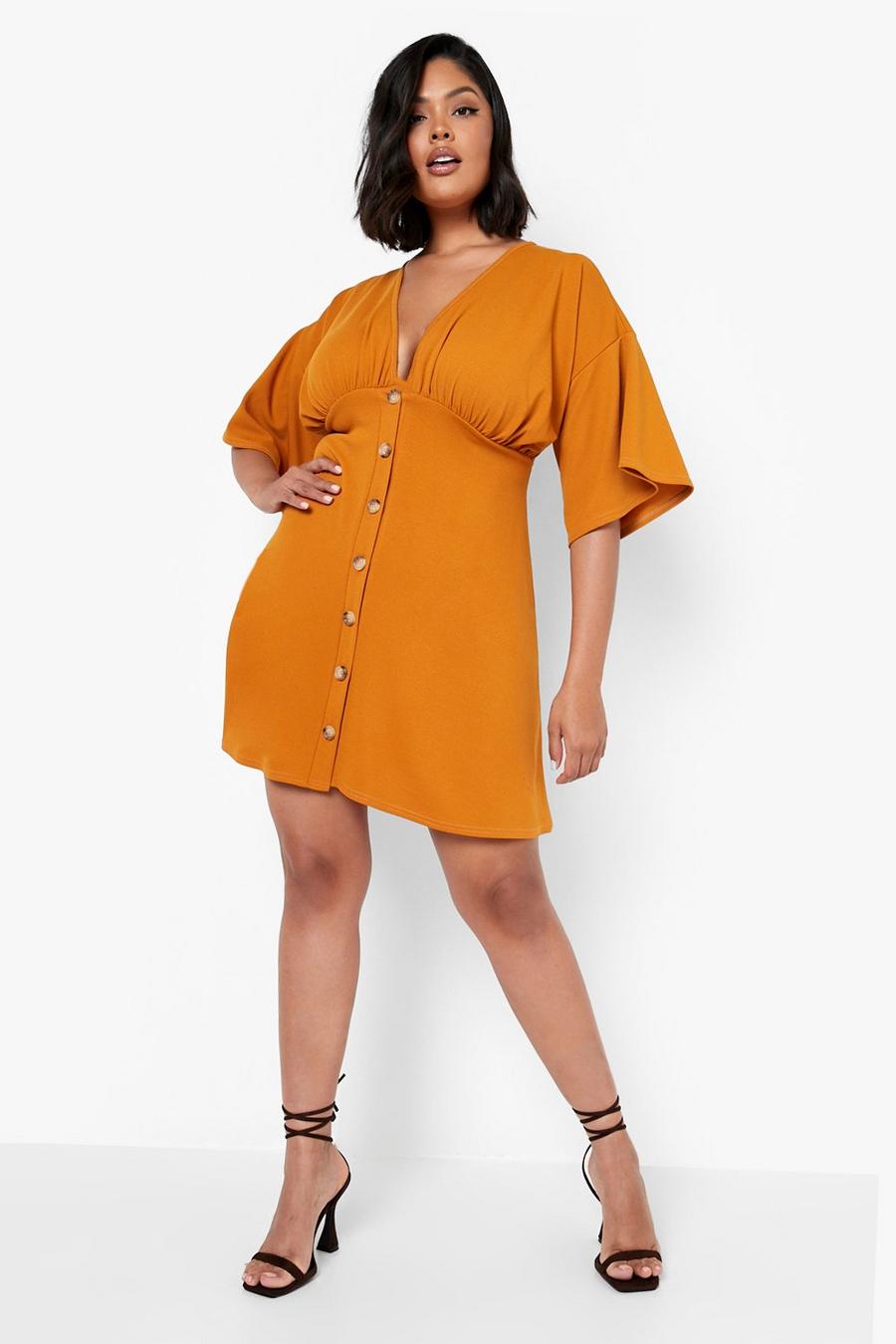 Mustard Plus Button Down Angel Sleeve Shift Dress image number 1