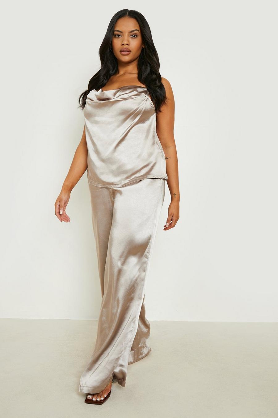 Champagne Plus Satin Cowl Neck Cami & Pants Co-Ord image number 1