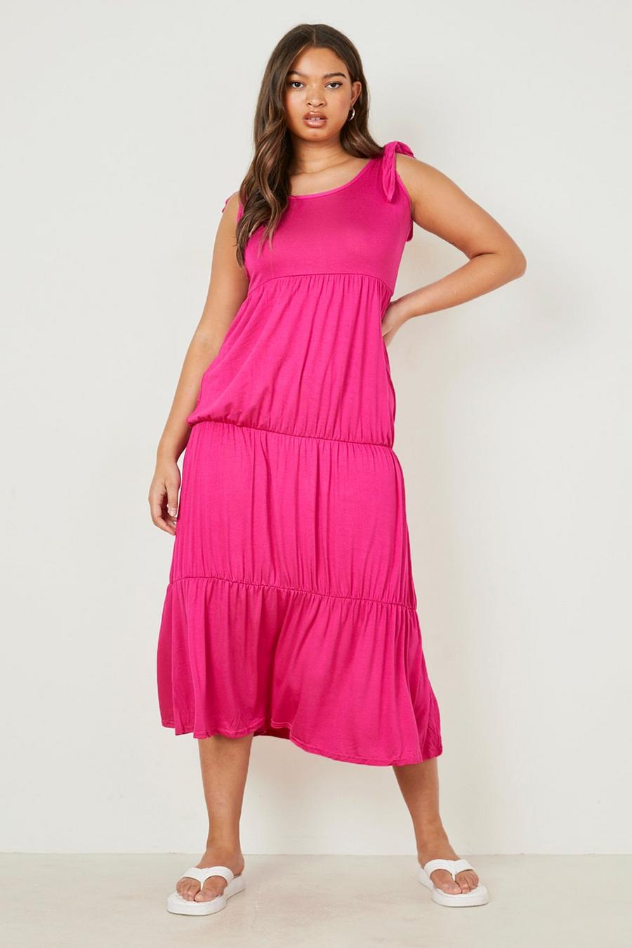 Fuchsia Plus Tie Shoulder Tiered Maxi Dress image number 1