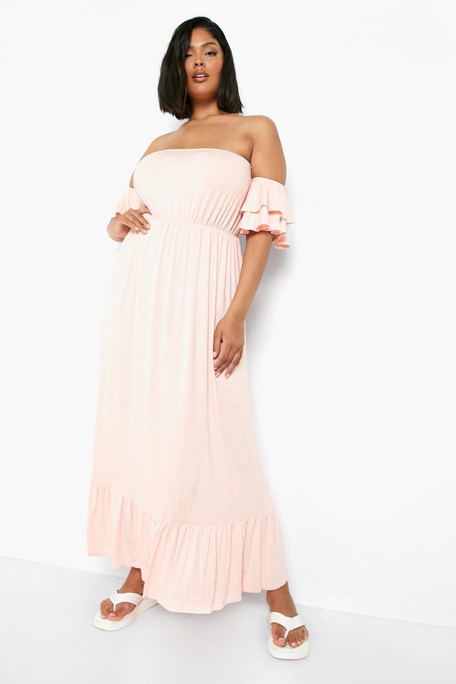 Blush pink Plus Off Shoulder Flute Sleeve Maxi Dress