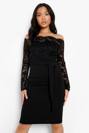 Petite Off The Shoulder Lace Bardot Midi Dress black