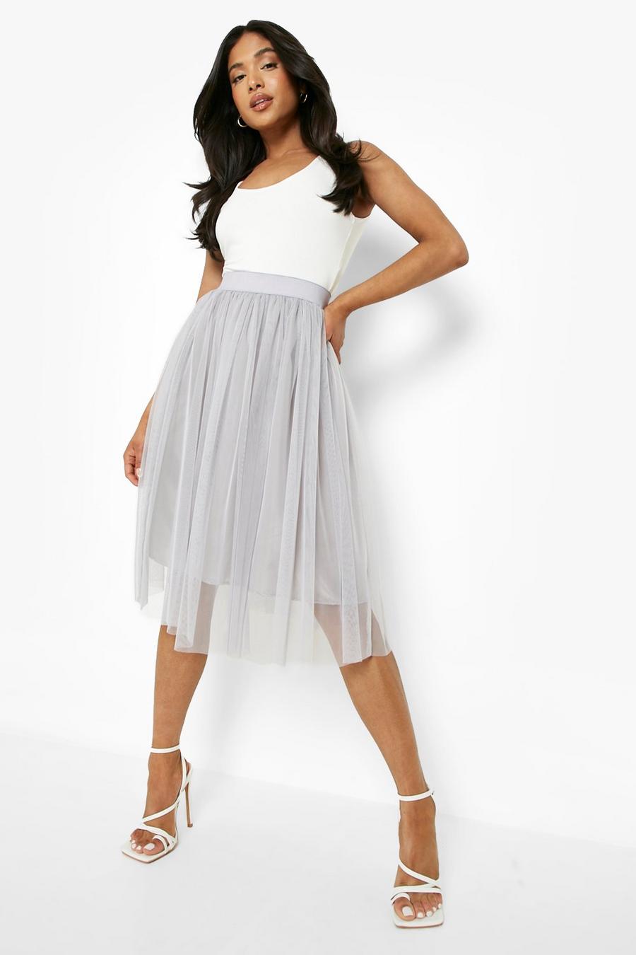Silver argent Petite Occasion Tulle Mesh Midi Skirt